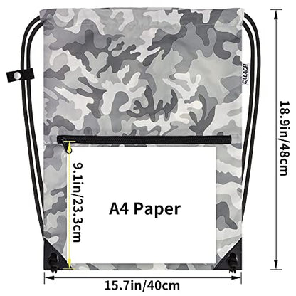 draw string back bag, Large Gym Sports string backpack for men and women with front zipper pocket and inside zipper pocket to keep key or phone (Grey camo) - color: Grey Camo, style: Drawstring With Front Pocket