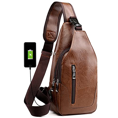 Peicees Leather Sling Bag Mens Crossbody Bag Chest Bag Sling Backpack for Men with USB Charge Port - color: Verticalzipper/Light Brown, size: Medium