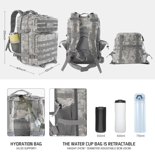 45L Grey Camo Military Tactical Backpack 3 Day Molle Assault Pack Large Army Bug Out Bag Rucksack Daypack for Men Outdoor Hiking Army Camping Hunting - color: Acu Camo