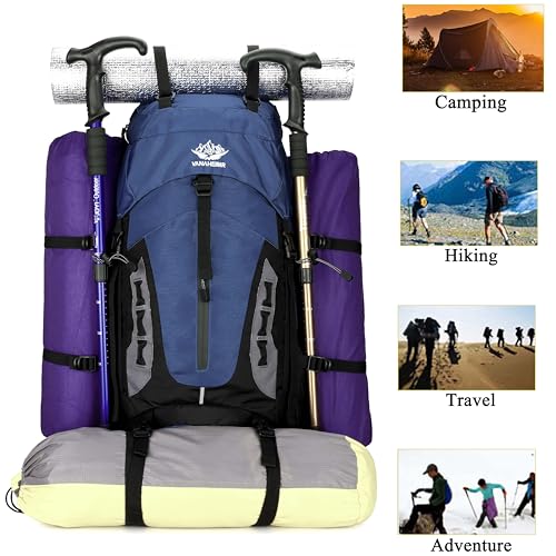 YFREAL 60L Travel Hiking Camping Backpack with Rain Cover,Backpack Water Resistant,Climbing Backpack for Men Women (DEEP BLUE) - color: Deep Blue