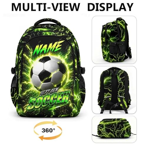 Boys Soccer Backpack with Personalized Name, 17 Inch Kids School Backpacks with 3 Compartments - Custom Sport Bookbag for Elementary Students, Reflective Ergonomic Design with Chest Strap - color: Green