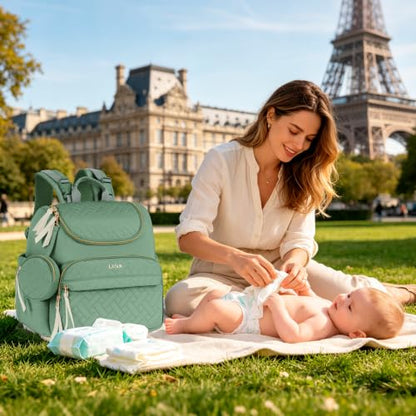 Diaper Bag Backpack, 22L Large Quilted Small Baby Bag with Changing Pad & Pacifier Case, Stroller Hooks, Easy-Access Baby Essential, Maternity Travel Backpack Unisex, Green - color: Green, size: Small