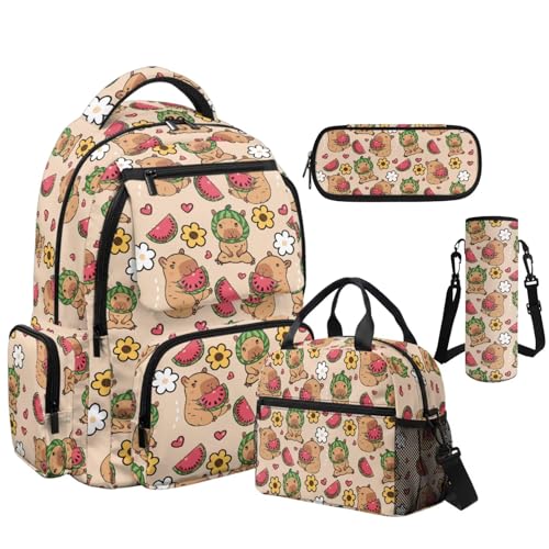 Watermelon Capybara Backpack for Girls School Backpacks with Lunch Box Water Bottle Carrier Bag and Pencil Case 4 Pieces Lightweight 1st Grade Backpack Girls Bookbag for Elementary School - color: Capybara Watermelon