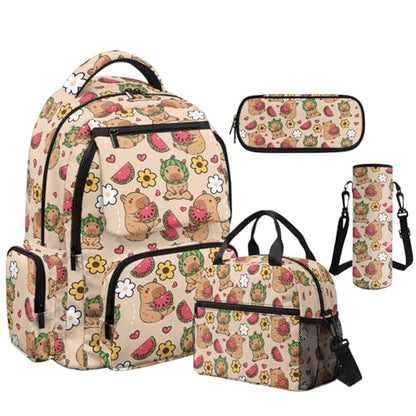 Watermelon Capybara Backpack for Girls School Backpacks with Lunch Box Water Bottle Carrier Bag and Pencil Case 4 Pieces Lightweight 1st Grade Backpack Girls Bookbag for Elementary School - color: Capybara Watermelon
