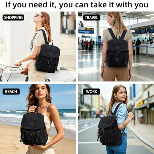 Women's Lightweight Backpack Purse,Water Resistant Nylon Casual Travel Backpack,Fashion Daypack for Hiking& Daily Use - color: Black