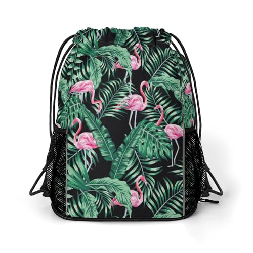 Tropical Flamingos Drawstring Backpack Gym Bag With Shoe Compartment String Bag Sport Beach Swimming Sackpack For Women Men - color: Tropical Flamingos