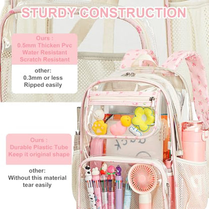 Bluboon Clear Backpack Heavy Duty Kids Boys Clear Bookbag See Through Backpacks with Pencil Case for College Work - color: Pink Bow 212-pink