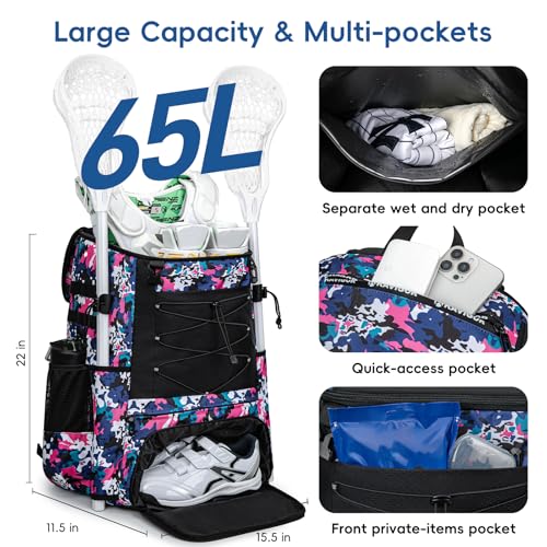 KAVIGOR Lacrosse Bag 65L, Extra Large Lacrosse Gear Backpack with Multi-Pocket Design, Helmet Holder & Ventilated Shoe Compartment - color: Camo Pink
