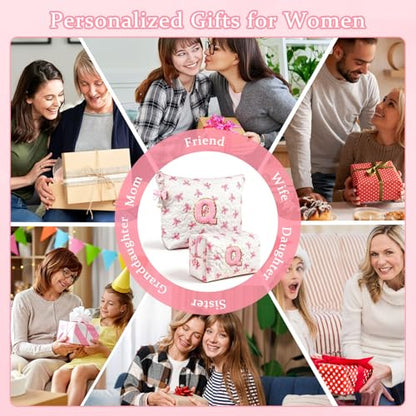 Initial Makeup Bag, Valentines Day Gifts for Women Teens Girls Birthday Gift Personalized Bow Cosmetic Bag, Quilted Cosmetic Travel Toiletry Pouch, Cute Makeup Organizer Teen Girl Gifts Trendy Stuff Q - color: Q