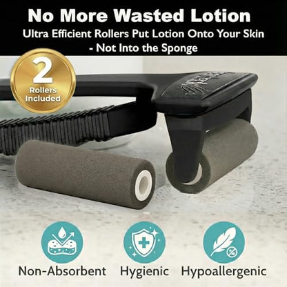 bearback Lotion Applicator for Back & Body - Long Reach Folding Handle with Reusable Foam Rollers - Apply Lotion, Medication, Ointment, Sunscreen, Self Tanner - (Black) (Handle with 2 Rollers) - color: Black