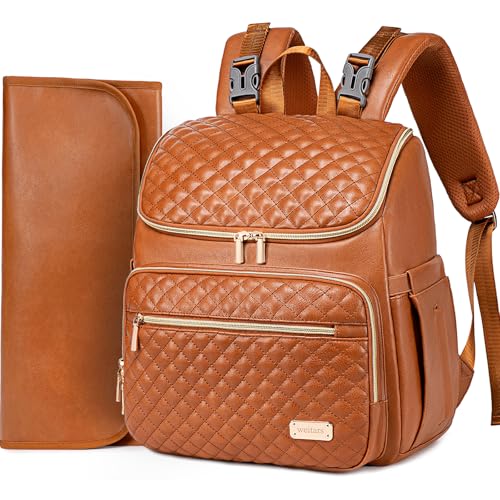 Weitars Diaper Bag Backpack Leather Baby Diaper Bag with Changing Pad Travel Diaper Backpack,Baby Bag for Mom,Stroller Straps,5 Insulated Pockets (Brown Leather) - color: Brown Leather