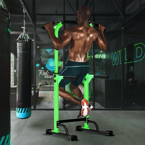 DlandHome Power Tower Pull Up Dip Station Multi-Function Fitness Equipment for Strength Training Adjustable Height Dip Stand for Home Gym - color: Green