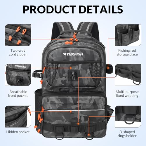 THKFISH Fishing Backpack with Tackle Boxes, 20L Waterproof Tackle Sling Bag with Lures Kit, Fish Lip Gripper, Pliers, Scissors, Fishing Gifts for Men Women - color: Black Camo Fishing Backpack with Tackle Boxes