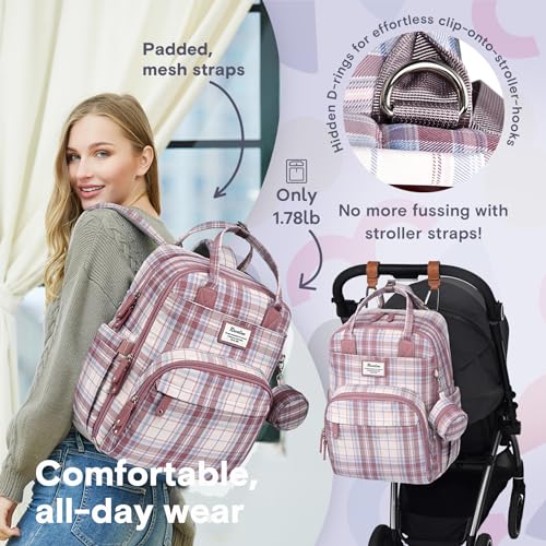 RUVALINO Diaper Bag Backpack, Multifunction Travel Pack Maternity Baby Changing Bags, Large Capacity, Waterproof, Pink Plaid - color: Pink Plaid