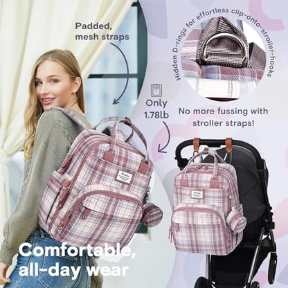 RUVALINO Diaper Bag Backpack, Multifunction Travel Pack Maternity Baby Changing Bags, Large Capacity, Waterproof, Pink Plaid - color: Pink Plaid