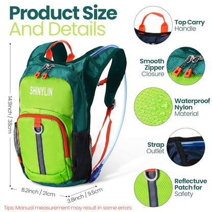 Shinylin 2 Pcs Kids Hydration Backpack with 1.5L Water Bladder Lightweight Kids Hiking Backpack Water Rucksack for Boys Girls Climbing Running - color: Green, Black, style: Classic