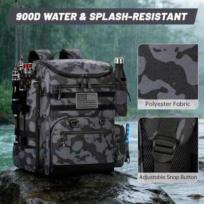 40L Fishing Backpack Water Resistant Fishing Tackle Bag with 2 Rod Holders, Tackle Storage Bag for Anglers（Black camo,Bag Only - color: Black Camo