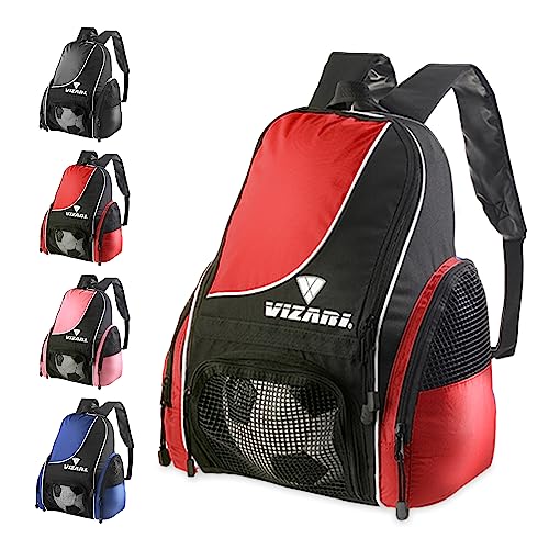 Vizari Solano Soccer Backpack With Ball Compartment and Vented Ball Pocket and Mesh Side Cargo Pockets for Adults and Teens - color: Red