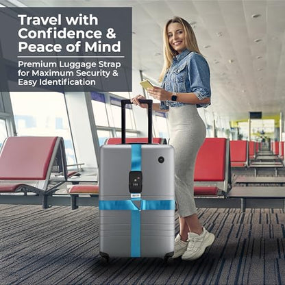 Nylon Luggage Straps for Suitcases | TSA Approved Adjustable Strap w/ 3-Digit Combo Lock | Heavy Duty Belt for 20-32 Inch Suitcases | Travel Luggage Belt Strap for Easy Identification (Neon Blue) - color: Neon Blue