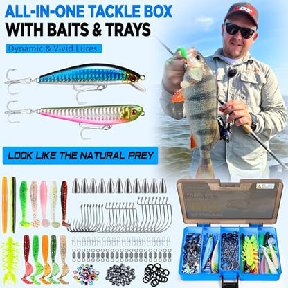 PLUSINNO Fishing Gear,Full Fishing Pole kit Include Fishing Rod and Reel Combo, Tackle Box with Fishing Lures, Fishing Accessories, Fishing Pliers,Fishing Gifts for Men with Fishing Tool Kit - style: Blue Fishing Combo With Bank Fishing Rod Holder