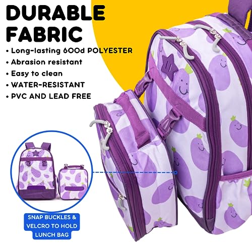 J World Duet Kids Backpack & Lunch Box Set For Boys & Girls Pre-K to Elementary School, Mr Eggplant - color: Mr. Eggplant