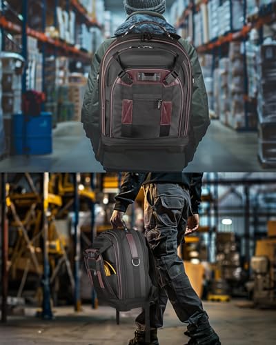 Heavy Duty Tool Backpack, 18-Inch Hard Shell Electrician Tool Bag, Full-Open Work Bag with Molded Base, Removable Tool Organizer, Laptop Compartment, HVAC Construction Backpack for Men, Brown - color: Redbrown