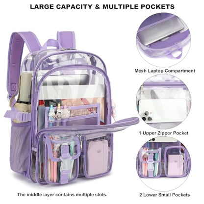 Clear Backpack Heavy Duty Transparent Backpacks Stadium Approved for School Work Sport Travel (Lavender Purple) - color: Lavender Purple