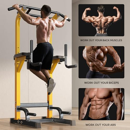 SogesPower Power Tower Pull Up Dip Stand Multi-Function Adjustable Height Workout Equipment Dip Station Fitness Strength Training for Home Gym 330LBS - color: Yellow