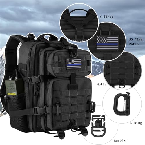 Hannibal Tactical 30L MOLLE Assault Pack, Tactical Backpack Military Army Camping Rucksack with Bottle Holder, 3-Day Pack, Black - color: Black, size: 30L