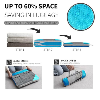 9-Set Packing Cubes with Hanging Bag | 9-Size Combination, Mesh Fabric & Reflective Stripe | Travel Luggage Organizers (sky blue) - color: sky blue