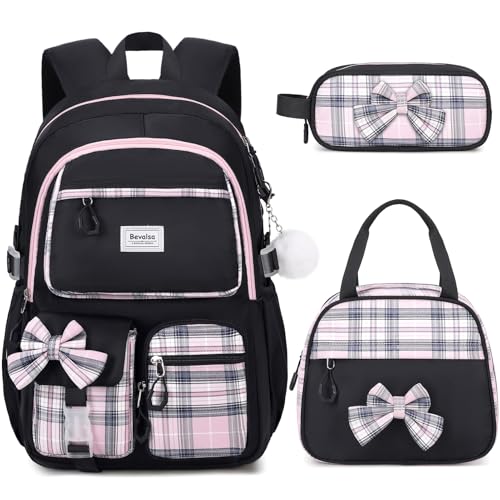 Bevalsa Backpack for Girls, School Bags for Kids with Lunch Bag & Pen Case, Bow Plaid Bookbag for Girls Children Teens for Elementary Middle High school College Student with USB Charging Port - color: Black Pink Plaid