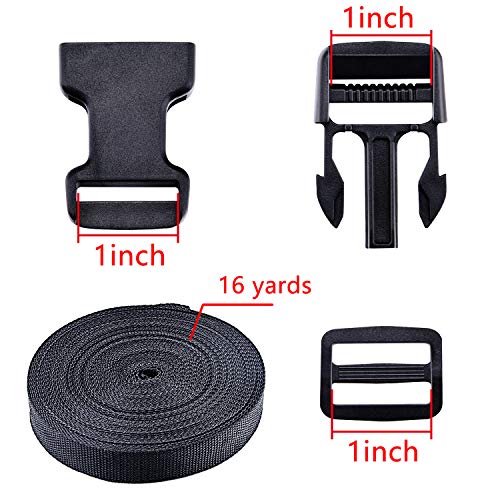 1 Inch 16 Yards Polypropylene Webbing Strap Band with 16 Set 1inch Side Release Plastic Buckles, Black