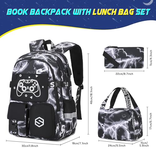 Scothen Boys Backpack, Cool Luminous School Backpack with Lunch Bag Pencil Case, Kids Backpack Kindergarten Elementary Middle School Book Bags for Teen Boys Children with USB Charging Port - color: Black Lightning
