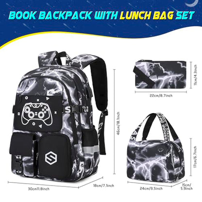 Scothen Boys Backpack, Cool Luminous School Backpack with Lunch Bag Pencil Case, Kids Backpack Kindergarten Elementary Middle School Book Bags for Teen Boys Children with USB Charging Port - color: Black Lightning