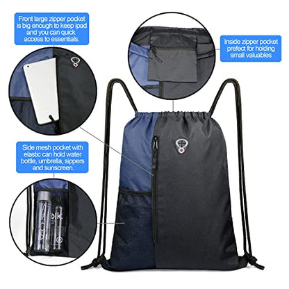 BeeGreen Drawstring Backpack Sports Gym Bag for Women Men Large Cinch Sackpack with 2 Zipper Pockets and Water Bottle Mesh Pockets Black Navy - color: Black/Navy, style: Drawstring With Mesh Pocket