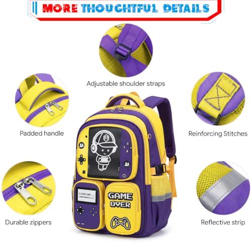 Boys Backpack, Luminous Gamer Backpack for Boys with Lunch Box,Pencil Case and Coin Puese,Kids Schoolbag Bookbag for Teen Boy Elementary Middle High School Travel(Yellow-Purple) - color: Yellow-purple