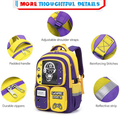 Boys Backpack, Luminous Gamer Backpack for Boys with Lunch Box,Pencil Case and Coin Puese,Kids Schoolbag Bookbag for Teen Boy Elementary Middle High School Travel(Yellow-Purple) - color: Yellow-purple