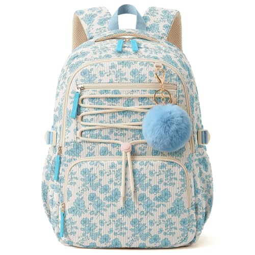 WOBAGMEN Corduroy Backpack for Kid Girl,Cute Aesthetic School Backpack with Multi-Pocket,Lightweight Bookbag Fits 15.6" Laptop,Large Capacity Casual Daypacks for Middle High School College,Blue Floral - color: Blue Floral
