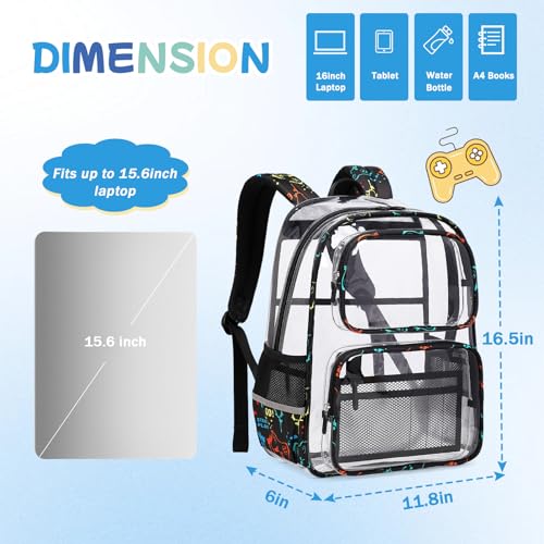 Sisipoet Clear Backpack for School, Heavy Duty PVC Transparent Bookbag, Funny Kids Backpacks with Game Print, Black - color: Black/Game