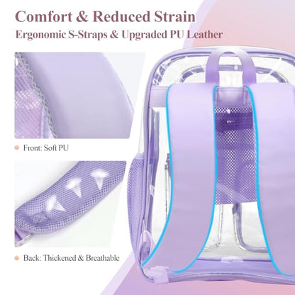 PACKISM Clear Backpack for School - 17 inch Large Heavy Duty Bookbag, Reinforced See Through PVC Transparent Backpack - color: Pu Straps Purple 3 Pockets, style: Daypack Backpacks