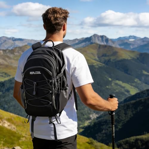 RealCool 20L Lightweight Hiking Backpack, Waterproof Daypack for Camping | 210D tear-resistant nylon, breathable shoulder and back panel, Multi-Compartment,hydration system,reflective strip,bungee net - color: Black, size: 20L