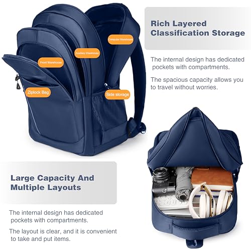 Large Capacity Travel Laptop Backpack, durable and lightweight, 4 compartments, waterproof front, breathable back (Dark blue) - color: Dark Blue