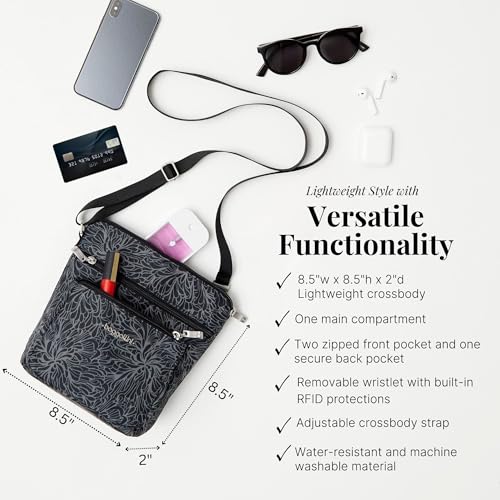 Baggallini Pocket Crossbody Bags for Women 8x8 Small Lightweight Durable Water-resistant Travel Purse W/Rfid - color: Midnight Blossom