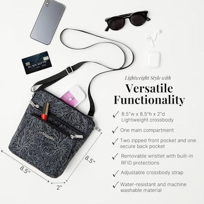 Baggallini Pocket Crossbody Bags for Women 8x8 Small Lightweight Durable Water-resistant Travel Purse W/Rfid - color: Midnight Blossom