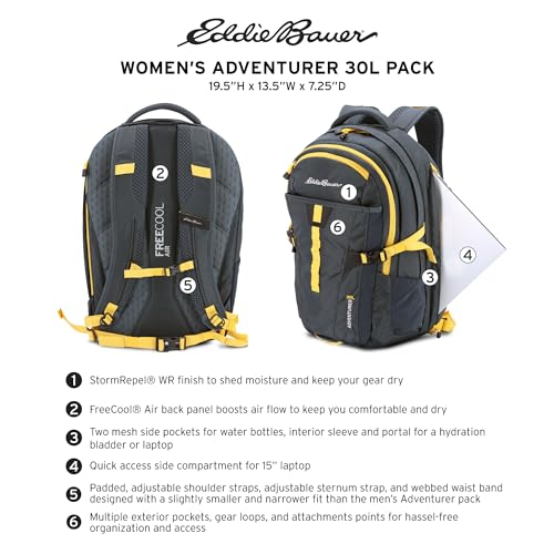 Eddie Bauer Adventurer Backpack with Organization Compartments and Hydration/Laptop Compatible Sleeve, Women's Adventurer - Black, 30L - color: Women's Adventurer - Black, size: 30L