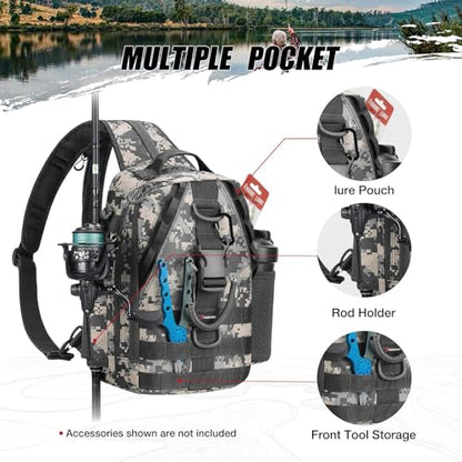 Piscifun Fishing Backpack with Rod Holder, Lightweight Sling Bag Storge Gear and Equipment - color: Digital Camouflage, size: Standard, style: Latch