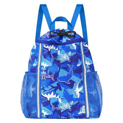 WAWSAM Kids Gym Drawstring Backpack String Bag, Shark Sports Gym Bag for Kids Boys Waterproof Swimming Beach String Cinch Backpack with Two Water Bottle Pocket - color: Shark
