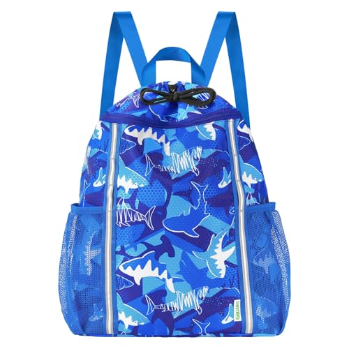 WAWSAM Kids Gym Drawstring Backpack String Bag, Shark Sports Gym Bag for Kids Boys Waterproof Swimming Beach String Cinch Backpack with Two Water Bottle Pocket - color: Shark