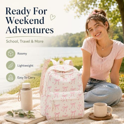 Bluboon School Backpack for Teen Girls Women Laptop Backpack College Bookbags Middle School Travel Work Commuter Back Pack - color: Beige Base Pink Bow & Heart