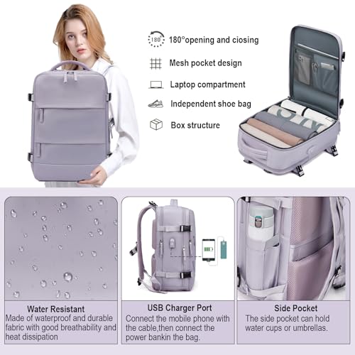 Somago Travel Unisex Backpack Carry On Casual Daypacks Rucksack Backpack Anti Theft for 15.6 Inch Laptop Business with Shoe Compartment Dry Wet Pocket USB Charger Port (Purple) - color: Purple